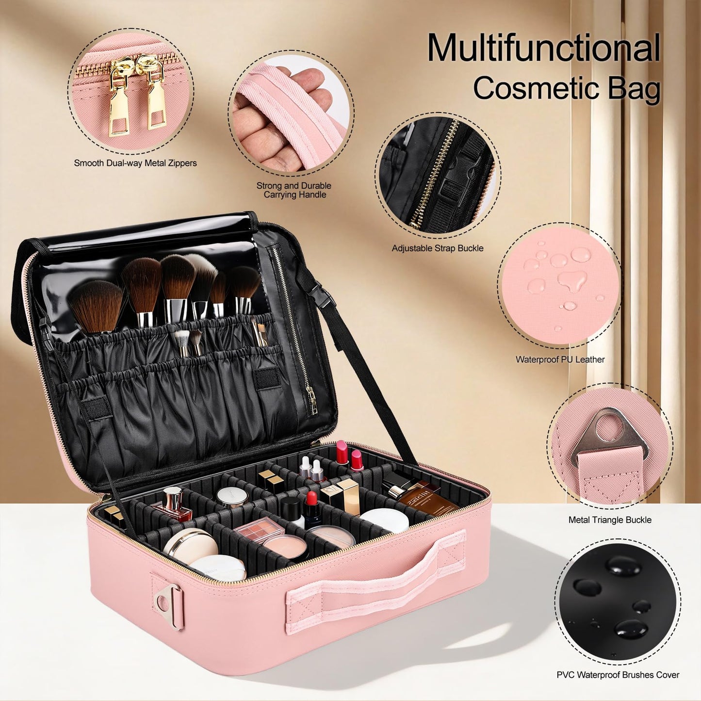 Travel Makeup Bag with Brush Holder, Professional Cosmetic Train Case Organizer, Portable Travel Makeup Brush Carry Case Artist Storage Box with Adjustable Dividers and Shoulder Strap, Leather Pink