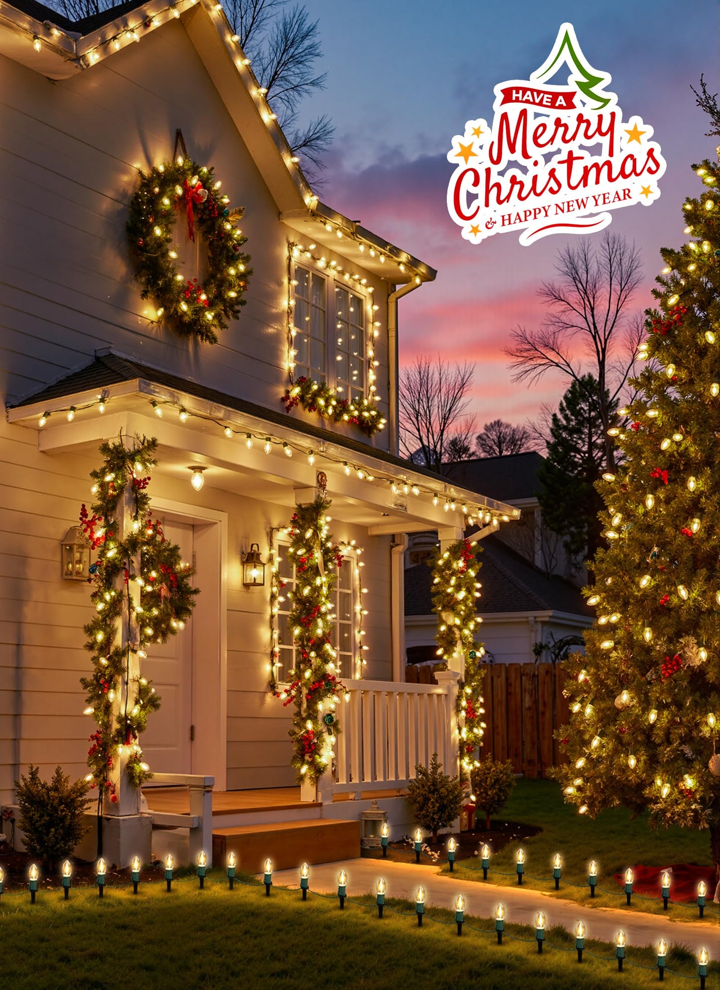Brightown C9 Christmas Lights Outdoor, 4 Packs Total 103 Ft Christmas Pathway Lights with 80 LED Bulbs and Stakes, Connectable Outdoor Christmas Decorations Yard Walkway Sidewalk Holiday, Warm White