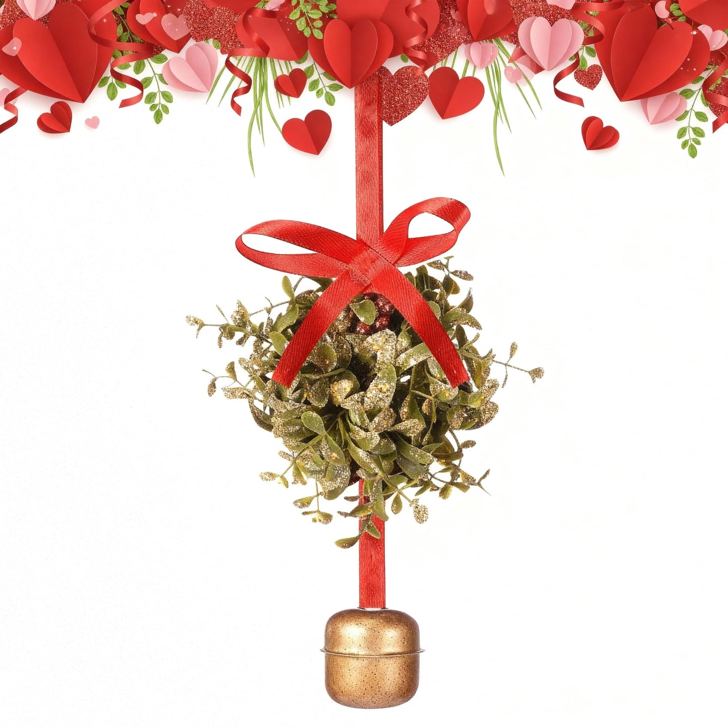 Knitgrip Valentine's Day Mistletoe Glitter Kissing Ball with Jingle Bell Ornament with Bow and Berries Artificial Hanging Mistletoe Decoration for Doorway Ceiling Light Decor(Red,Satin Ribbon)