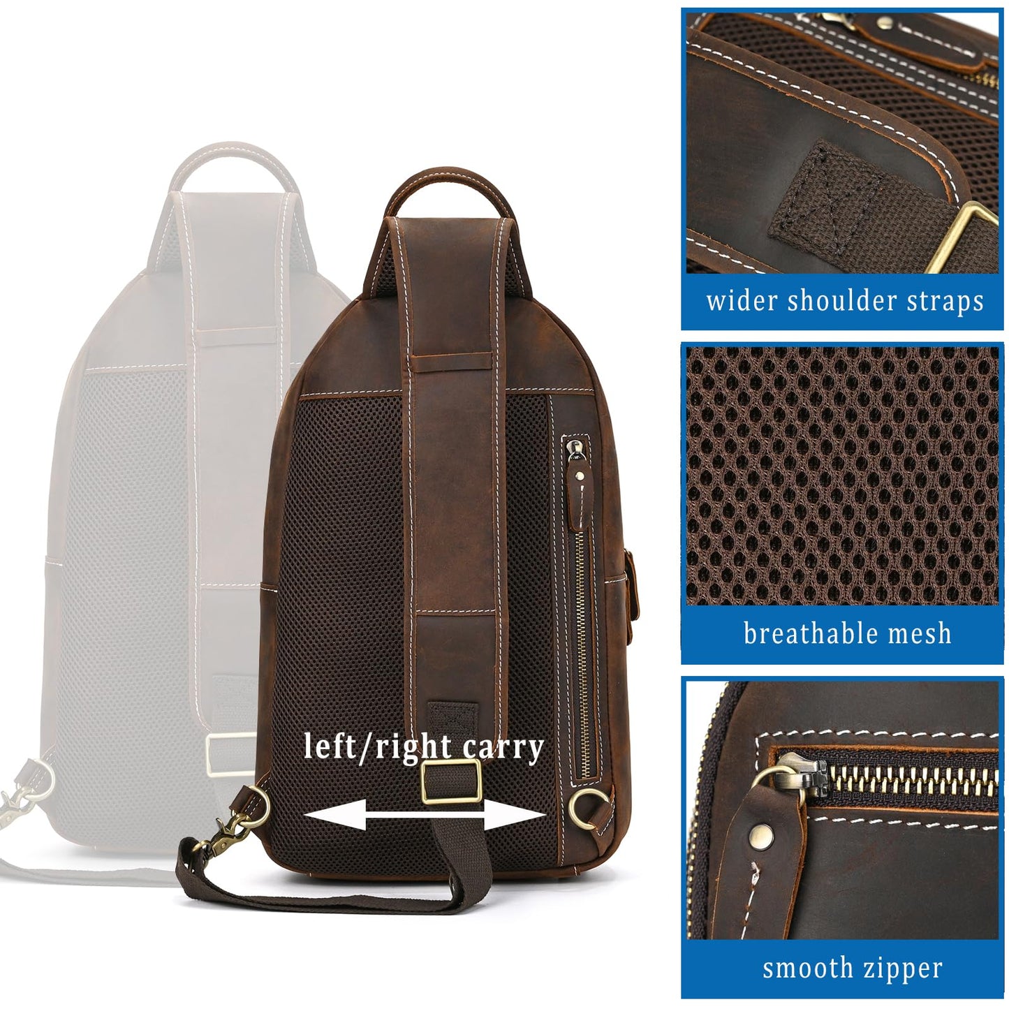 JulBean Leather Men Casual Travel Hiking Crossbody Chest Sling Bag Rig One Shoulder Strap Bag