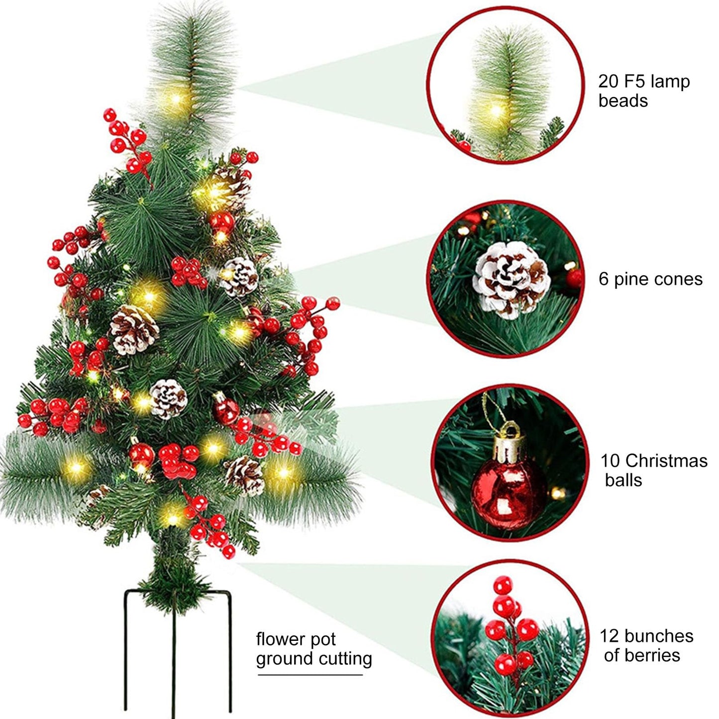Prelit Artificial Christmas Trees Lights 17.2 Inch Solar Christmas Tree Pathway Lights with Stake Red Berries Pinecones Waterproof Xmas Urn Filler Solar Stake Lights Garden Decor(1Pcs/Solar Powered)
