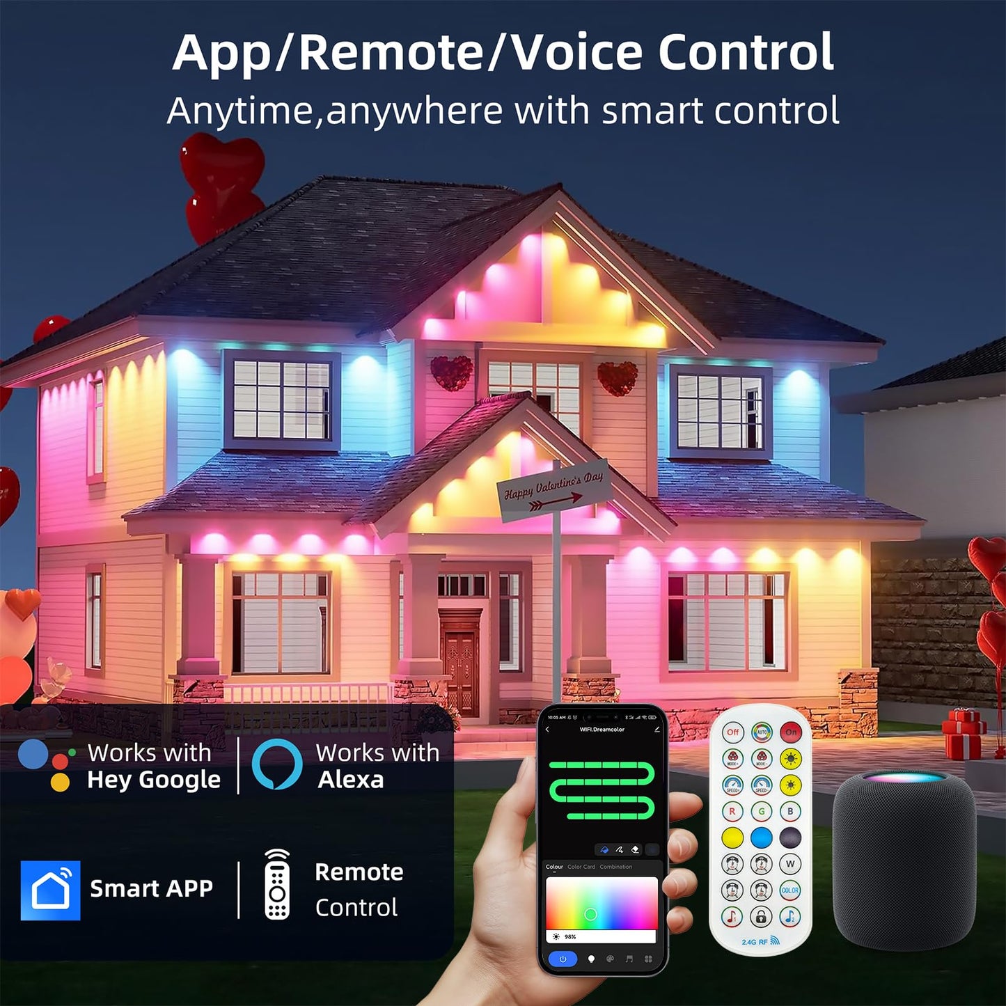 Qeeanmo Permanent Outdoor Lights for House, 120ft Smart RGB+IC Eave Light with APP & Remote Control, DIY Modes,IP67 LED Roof Lights for Holiday, Christmas, Halloween, Party Decor
