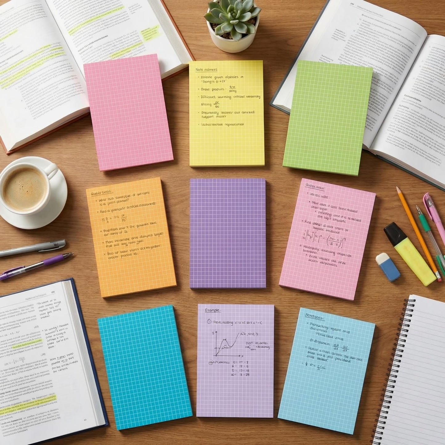 Jecery 9 Pack 4 x 6 Inch Grid Sticky Notes Self Adhesive Memo Pad Cute Graph Paper Self Stick Note Pads with Grid Lines for Gifts Office Supplies, 270 Sheets(Bright Color)