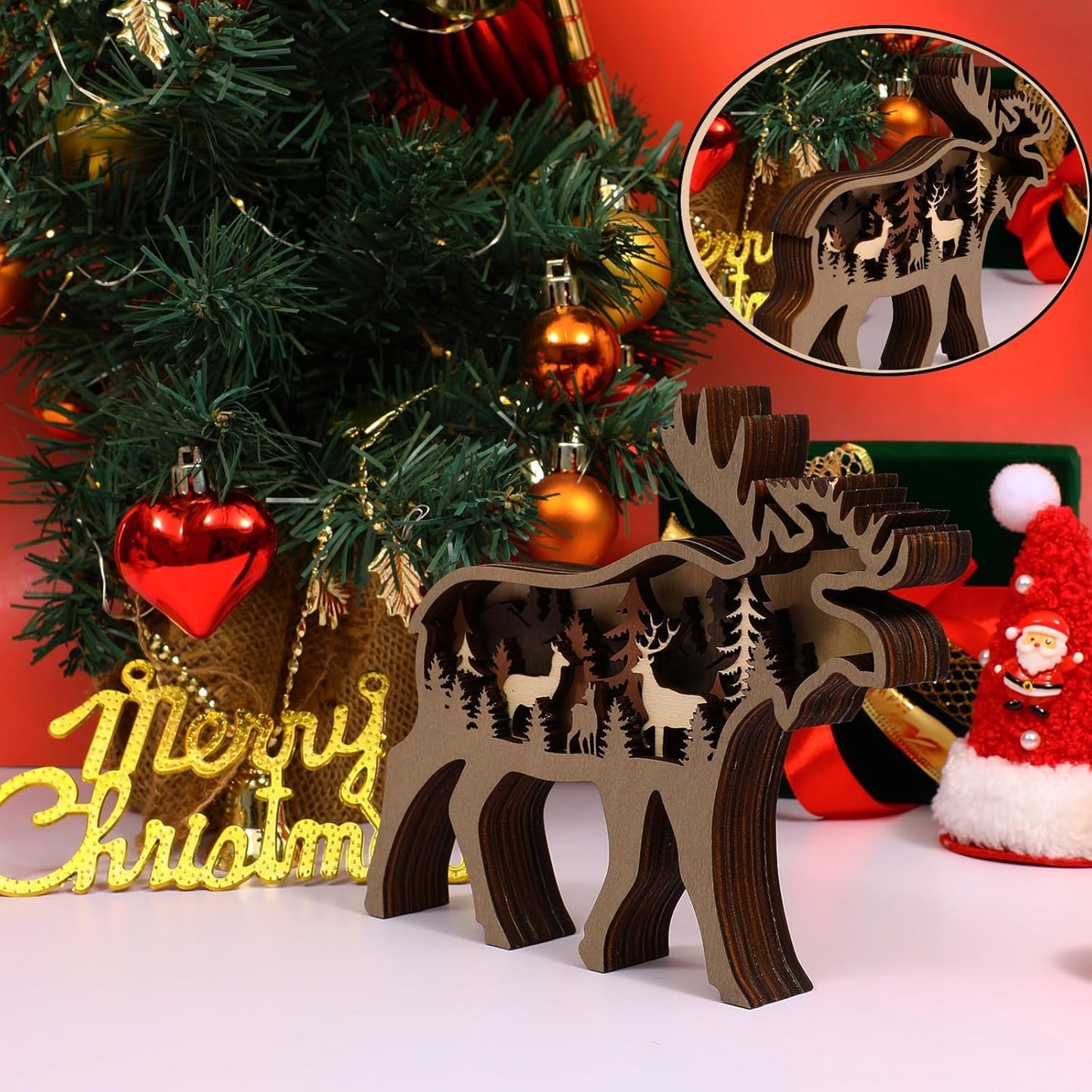 Drawelry 3D Wood Carving Animals Lamp Home Decorative, Cute Bear Family Elephant Presents Ideas Christmas Living Room Office Decor Warm LED Night Lights Gift for Friend Daughter Son Mom Dad (Moose)