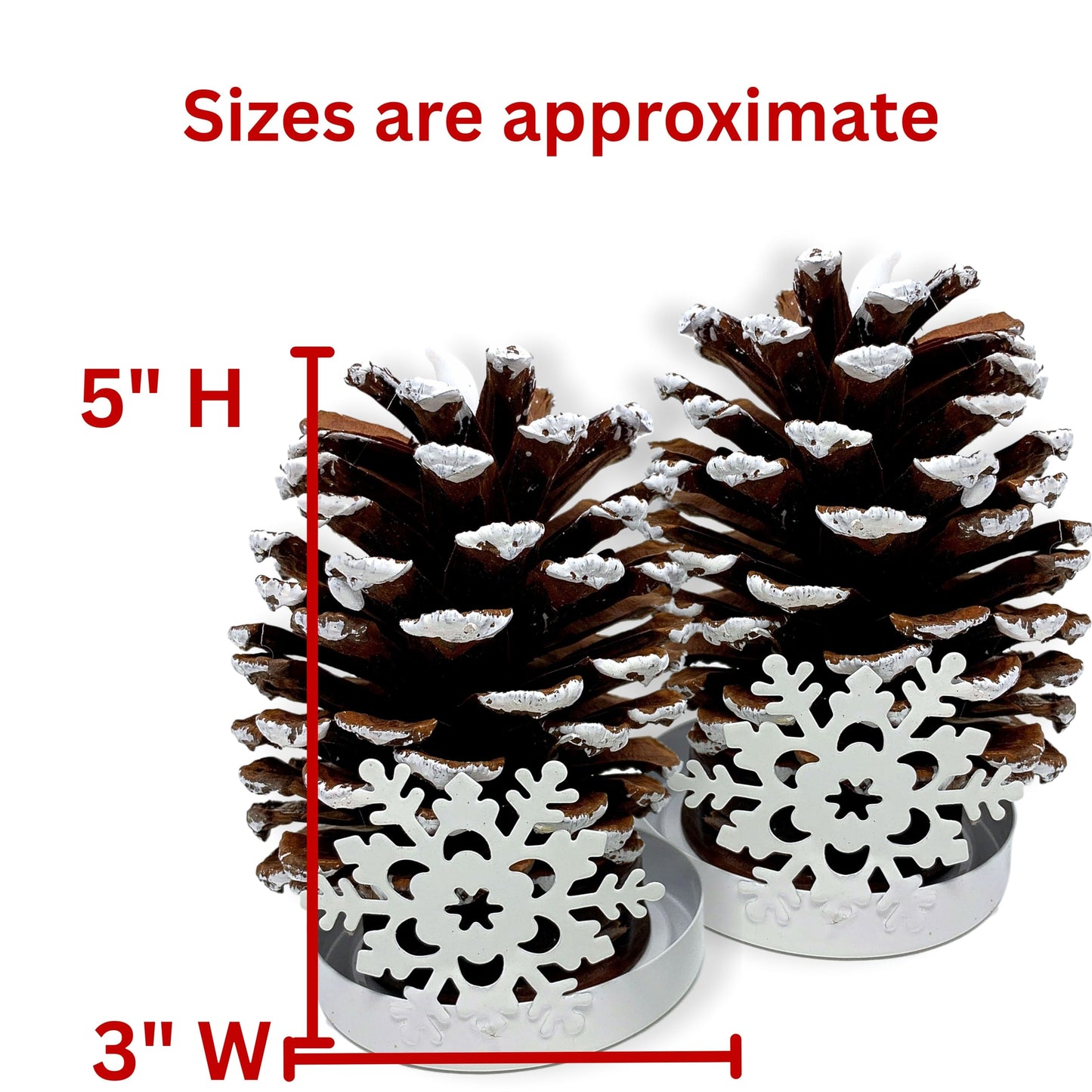 LIghted Pine Cones in Metal Snowflake Holders Christmas Decor - Set of 2 - Real Pinecones with White Snowflake Holders - Flameless LED Candles Brushed with Snow - Measures 5 1/2"H X 3"W