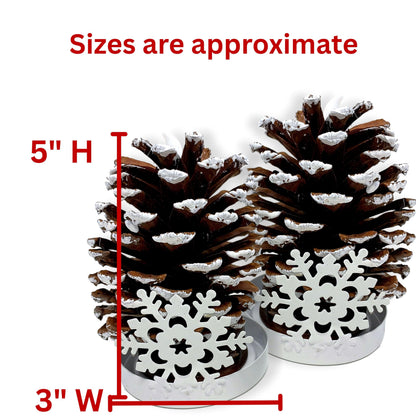 LIghted Pine Cones in Metal Snowflake Holders Christmas Decor - Set of 2 - Real Pinecones with White Snowflake Holders - Flameless LED Candles Brushed with Snow - Measures 5 1/2"H X 3"W