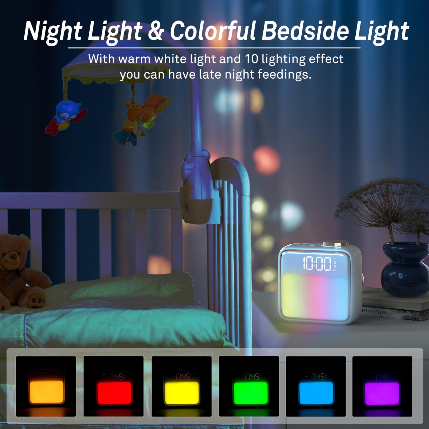 AIRIVO Alarm Clock Night Lights, Built-in Battery Alarm Clock for Bedrooms, 6 Scenes & White Noise Sync, Dual Alarms & Snooze, for Heavy Sleepers, Gifts for Kids Teens