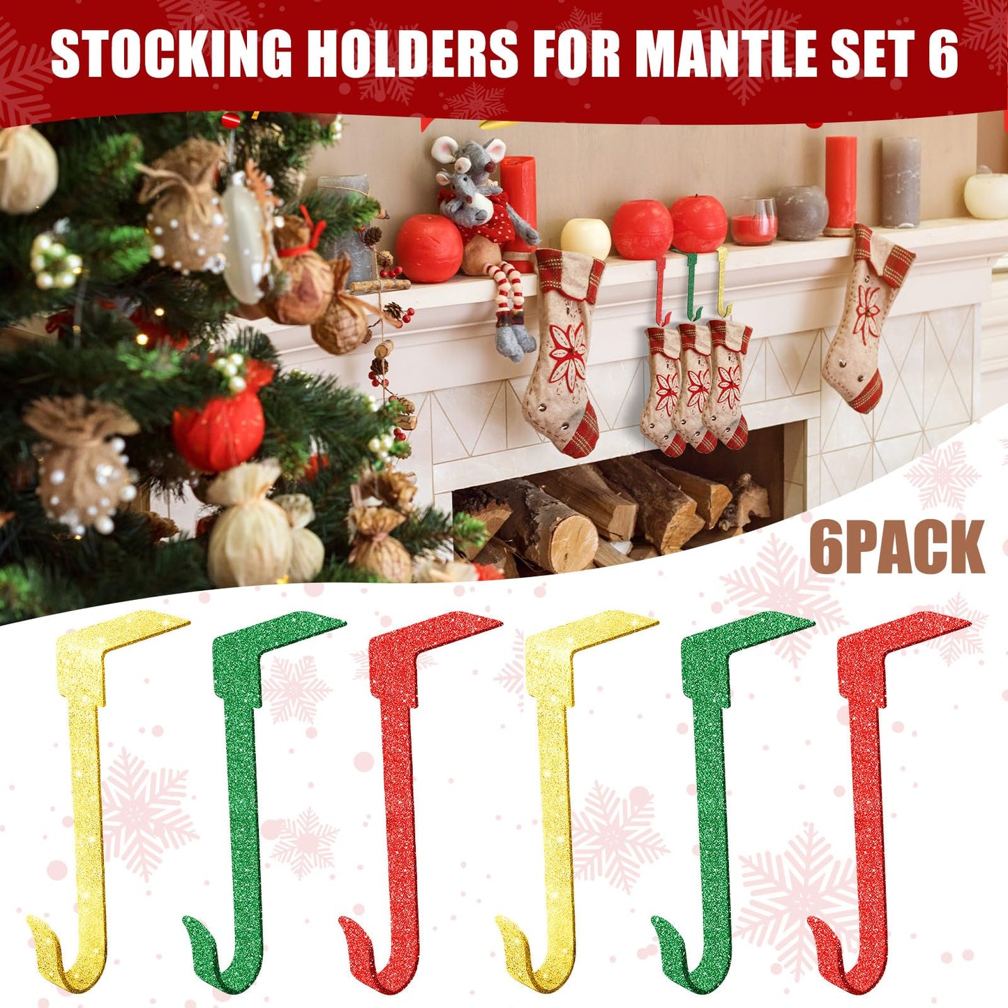 Therwen 6 Pcs Glitter Christmas Stocking Holders Shiny Fireplace Stocking Holders Set with No-Slips Strips Safety Mantel Hanger Hooks Xmas Mantle Grips for Tabletop Shelf Party Decor (Gold,Red,Green)