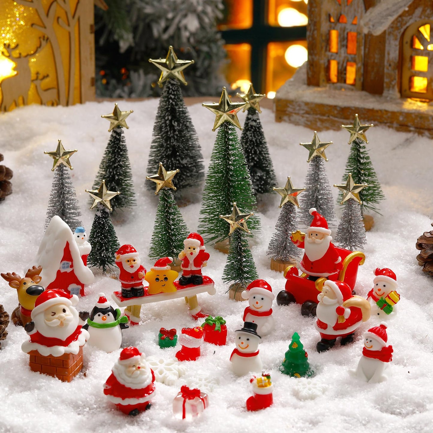 Roowest 96 Pcs Miniature Ornaments for Snow Globe Kit DIY Christmas Village Decoration Christmas Figurines Mini Ornaments with Snowman Reindeer Santa Claus Snowflake(Dark Green Light Green Silver)