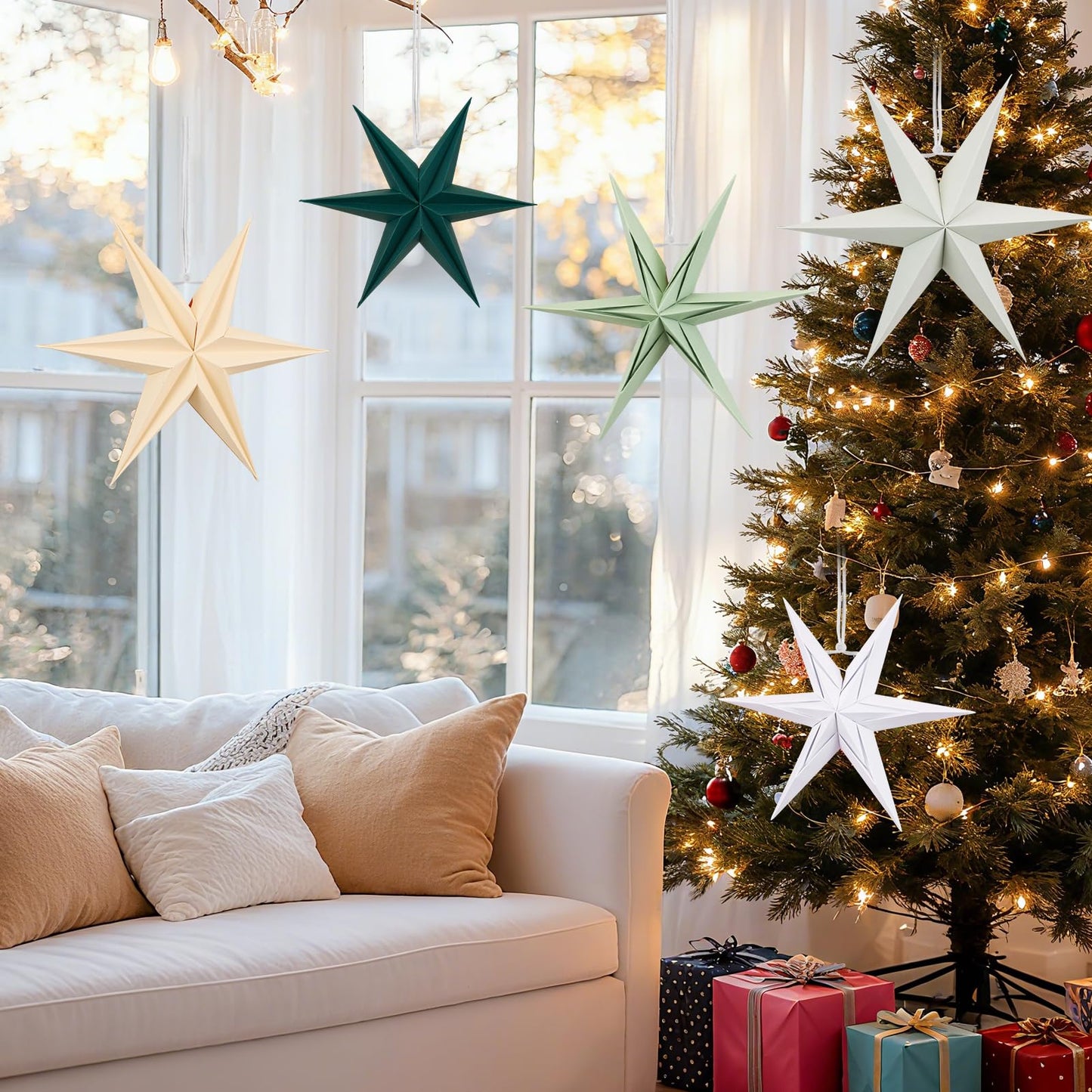 Paper Stars Christmas Party Decorations, 5PCS 6-Pointed Paper Star Hanging Decoration Set Holiday Decor Stars Shape Landerne for Birthday Party Tree Xmas Home Decor