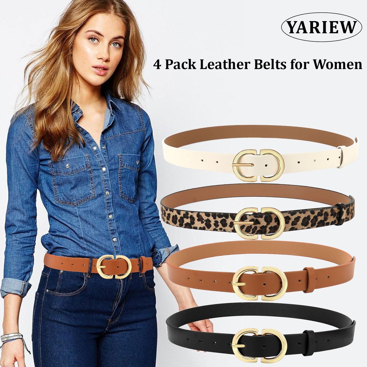 YARIEW 4 Pack Small Leather Belts for Women - Leopard Print Fashion Belt for Jeans, Pants, Dresses - Gold Buckle Waist Belt - Gifts for Ladies