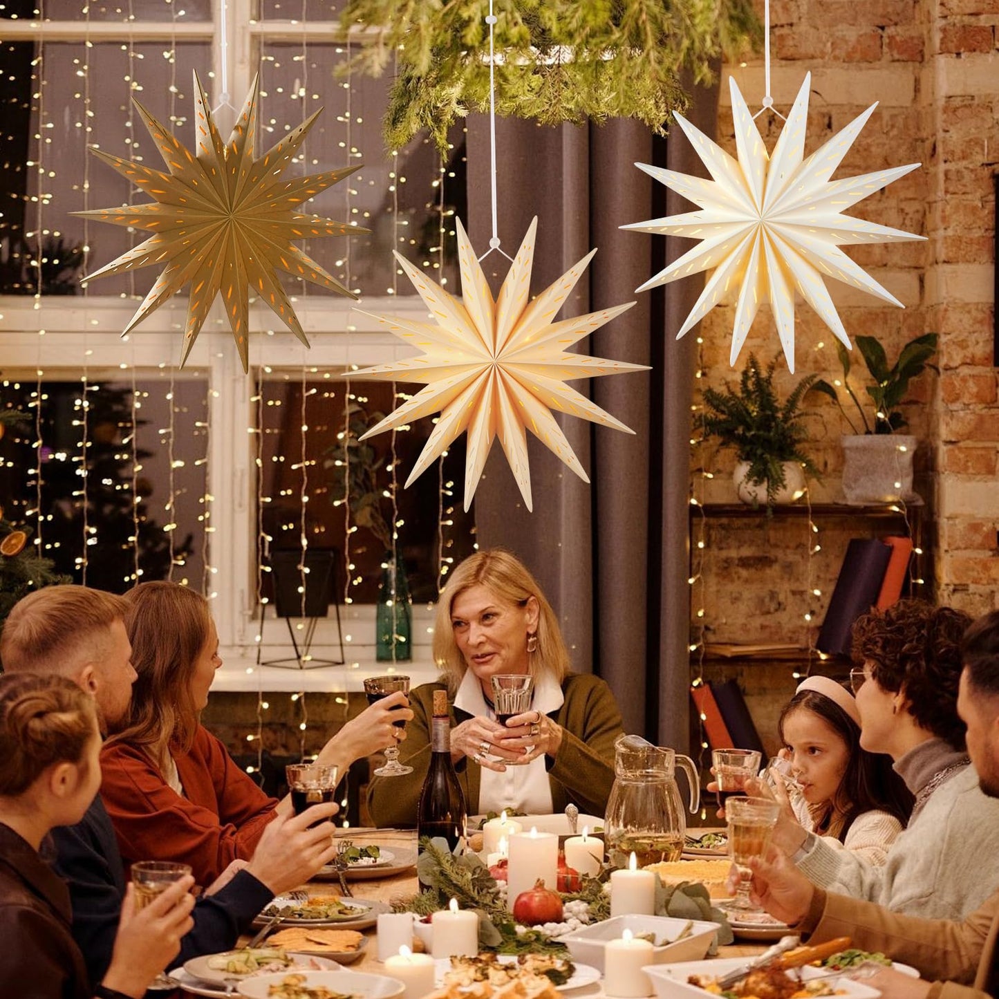 SUNBEAUTY 14-Pointed 18 Inch Hollow Out Paper Star Lanterns Brown White Christmas Lanterns Hanging Lamp Paper Decorations Shade Wedding Birthday Christmas Home Party Decorations