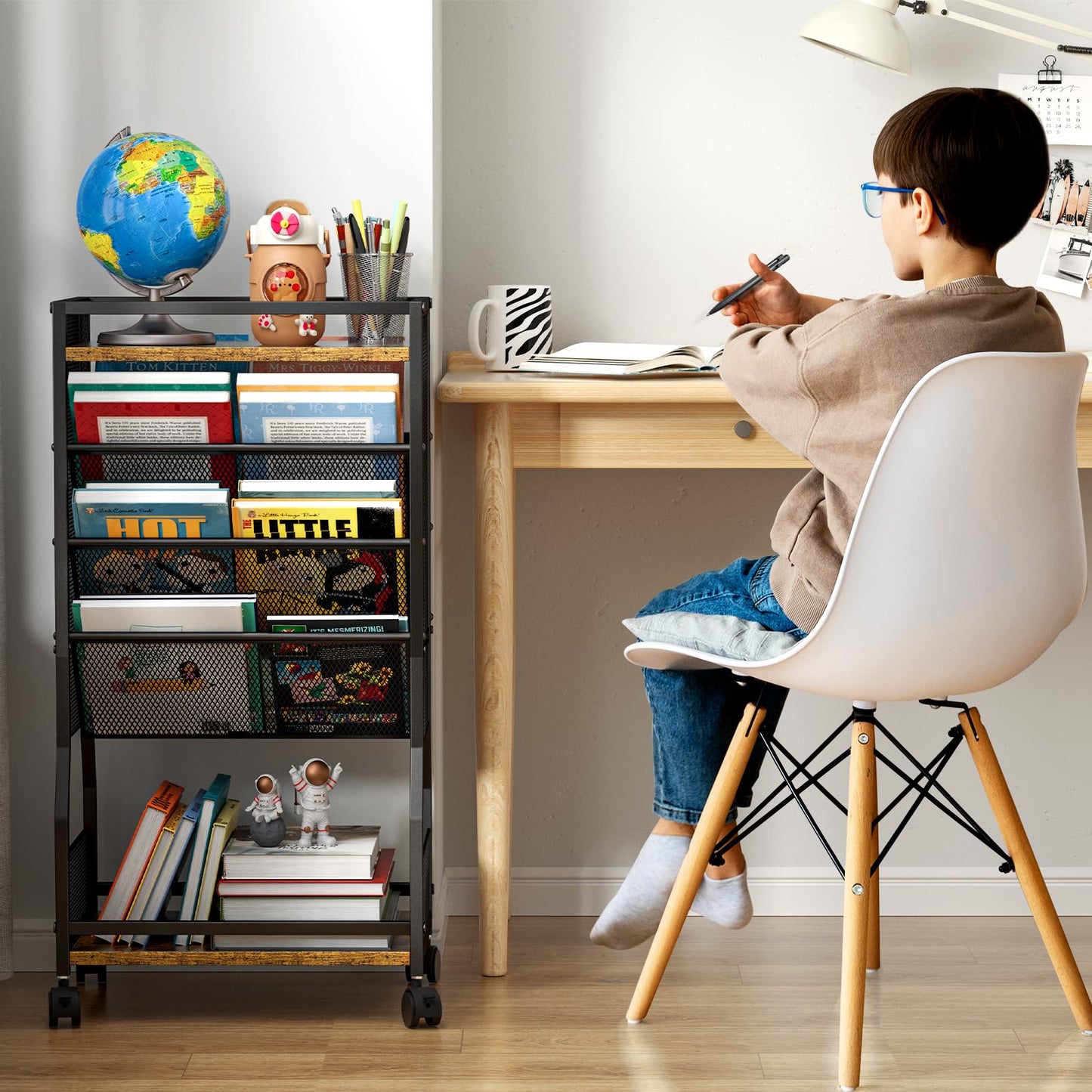 DAOUTIME 8 Tier Rolling Book Cart with Wheels, Mobile Book Storage Cart with 2 Sides Access Bookcase for Narrow Space, Rolling File Organizers and Storage for Home Office Living Room Classroom School