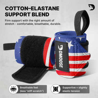 DMoose Wrist Wraps Weightlifting Men 12 and 18 Inches Thumb Loops with Wrist Support for Workouts Powerlifting Wrist Straps for Weight Lifting Men and Women American III