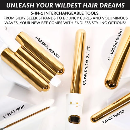 FoxyBae 5-in-1 Interchangeable Hair Tools Set - 1" Flat Iron Hair Straightener, 3 Barrels Hair Crimper, 3 Ceramic Curling Wands 0.75"-1.25", Salon Grade Waver & Curler (Pearl White - Gold)