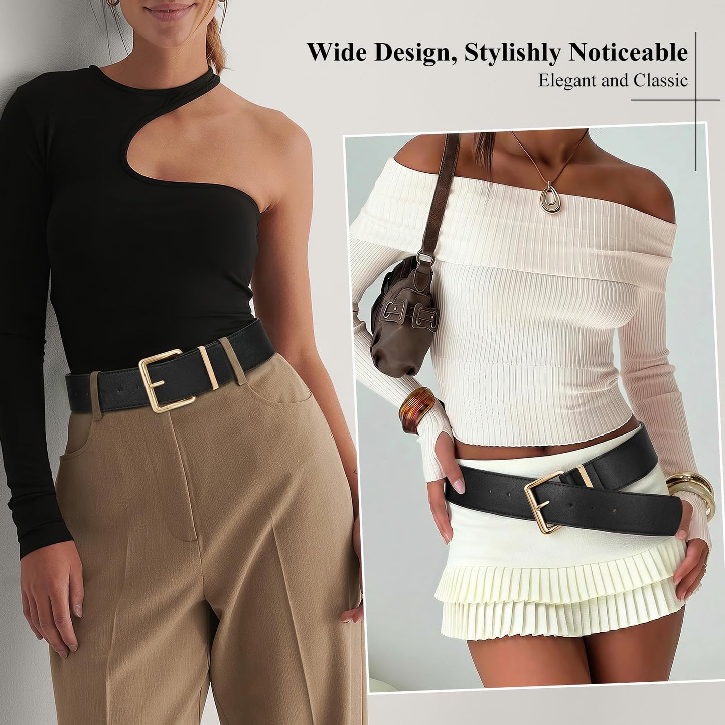 XZQTIVE Women Wide Chunky Belt for Dresses Fashion Thick Leather Belt with Gold Buckle, Black(Fit Waist Size 33"-39")