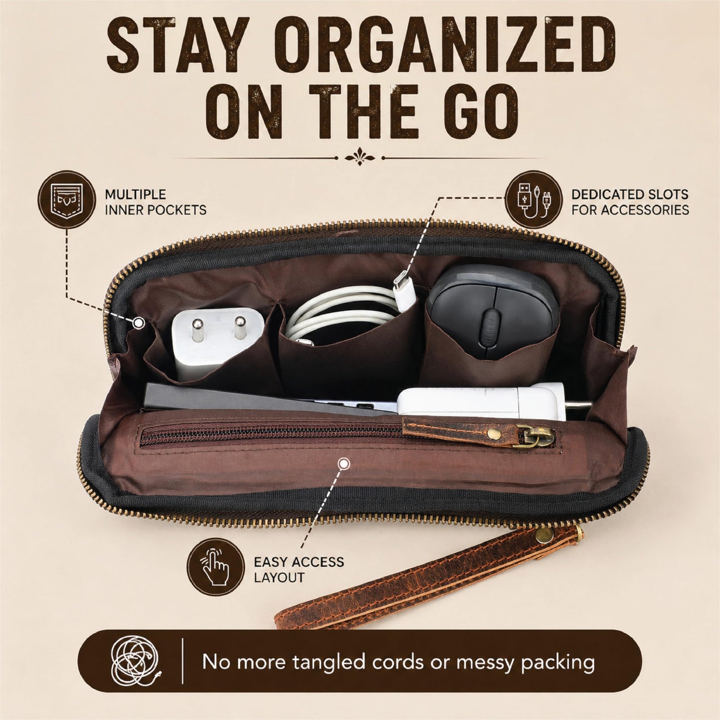 TheAntiq Genuine Leather Makeup Bag Travel Organizer, Premium Handcrafted Cosmetic Pouch with Zipper & Wrist Strap, Durable Toiletry Storage for Women & Men, 5 x 9- Brown