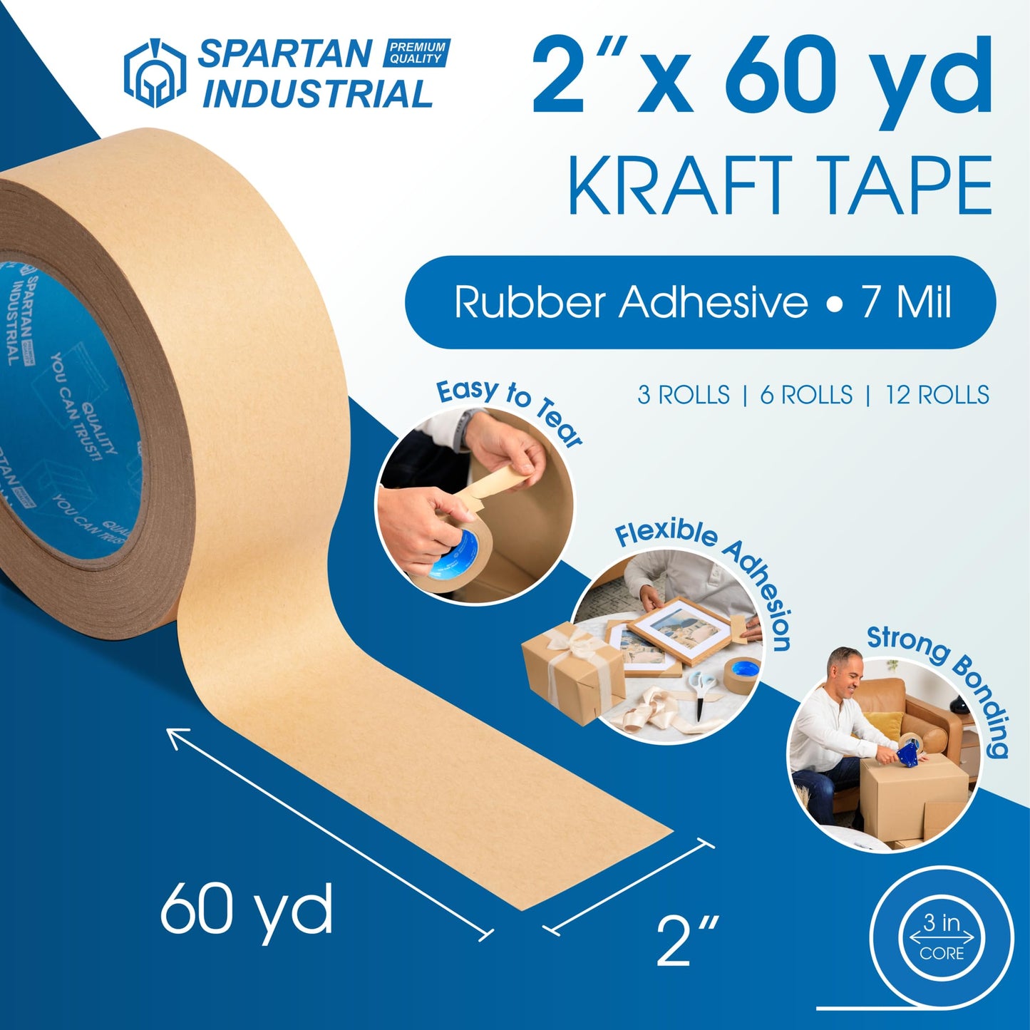 Spartan Industrial - 2" X 60 yd Kraft Paper Tape with Rubber Adhesive - 6 Rolls of Brown Box Tape for Shipping and Moving - 7 Mil