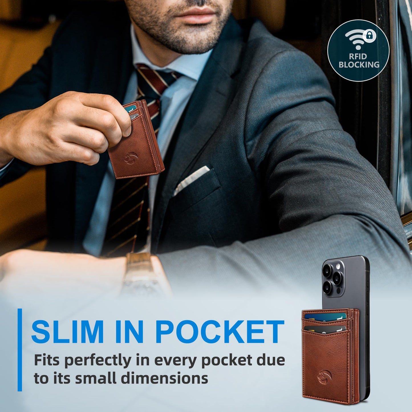 Housmai Trifold Leather Wallet for Men,with Cash Pocket 2 ID Window 14-16 Cards Magnetic Closure Slim Wallet 4.0"*3.1", RFID Blocking Front Pocket Wallet with Gift Box