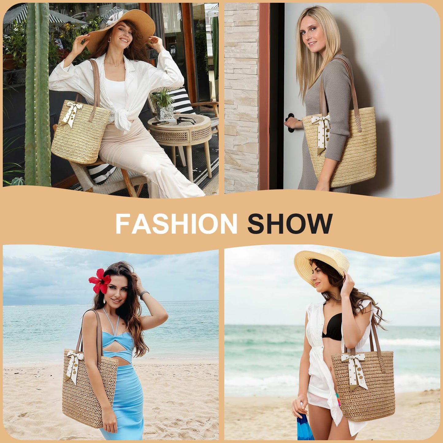 Long Keeper Straw Tote Bag for Women Summer Straw Beach Bag with Zipper Woven Shoulder Tote Bags for Beach Picnic Vacation (Khaki)
