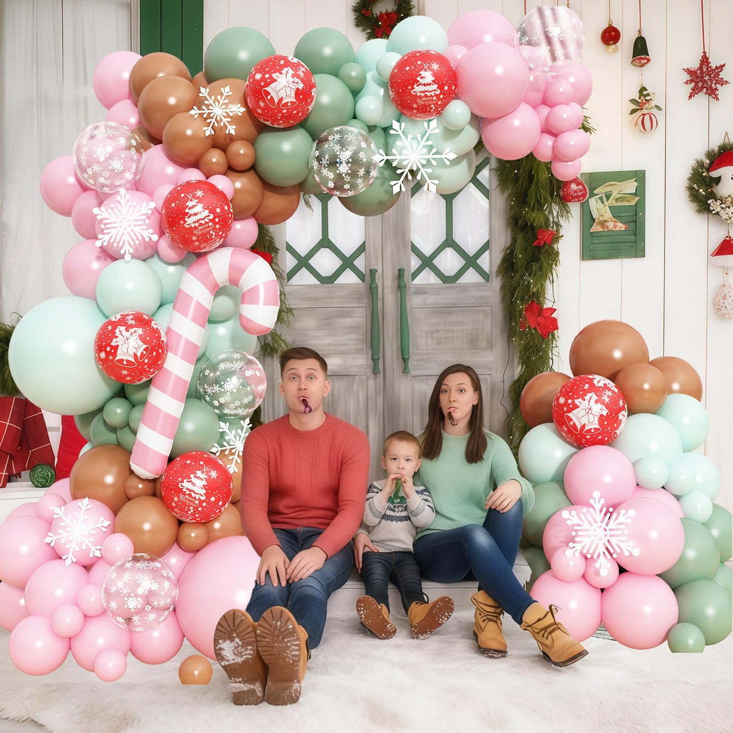 Christmas Balloon Arch Kit Gingerbread Balloon Garland Pastel Green Pink Red Snowflake Balloons Reindeer Peppermint Candy Cane Foil Balloons for Gingerbread Nutcracker Baby Shower Birthday Party Decor