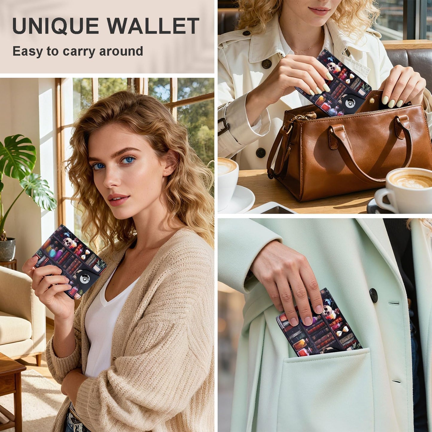 Tezmd Bookshelves Skull Small Wallet Leather Slim Bifold Credit Wallets RFID Blocking Card Holder Zipper Coin Pocket Cash Purse with ID Window