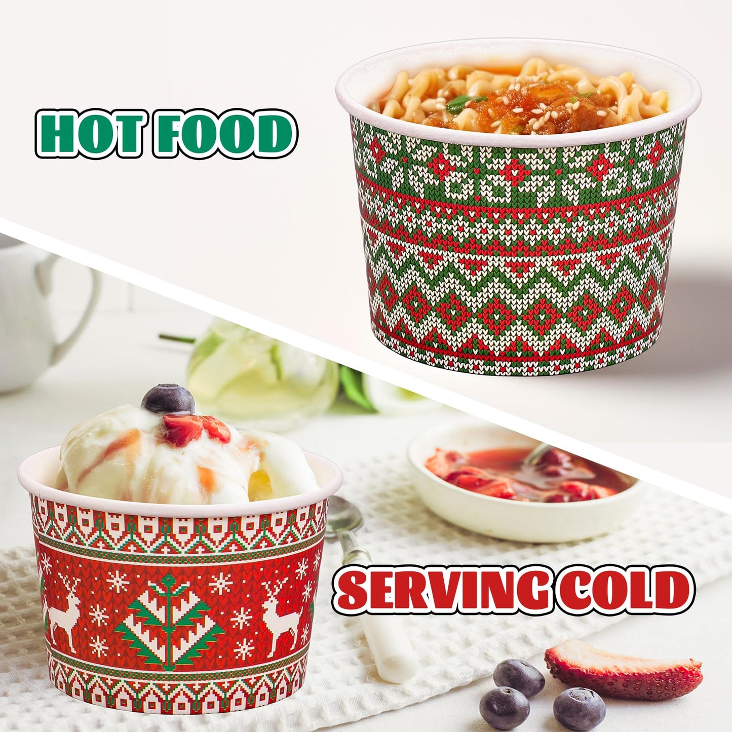 Whaline Christmas Snack Cup Xmas Red Green Ugly Sweater Disposable Paper Cups 9 Oz Dessert Ice Cream Paper Bowls for Winter Holiday Treat Candy Cake Party Favor Supplies, 48 Pcs