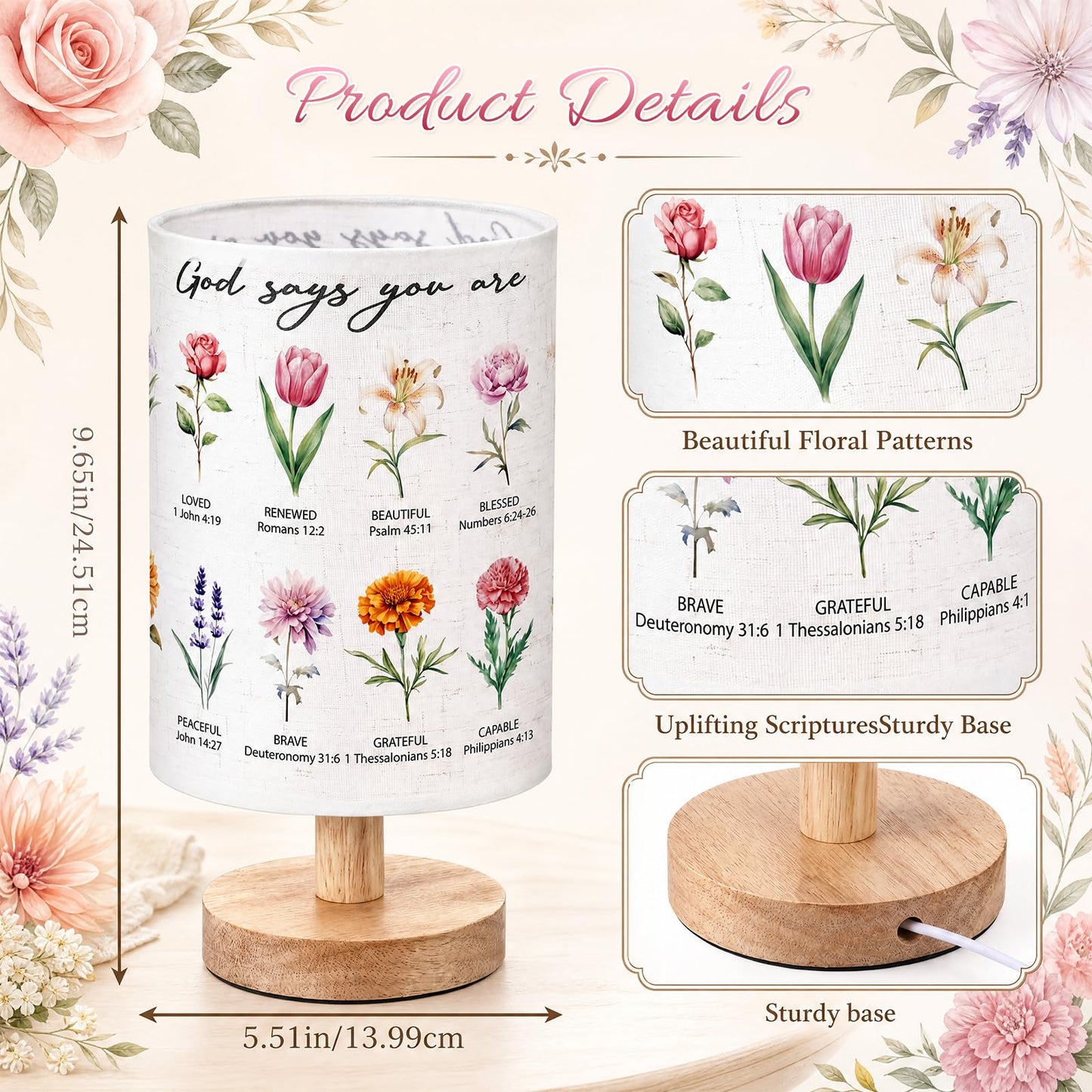 Gerrii Christian Gifts for Women Floral Table Lamp with Bible Verses, 9.6" Small Boho Bedside Lamp with Wooden Base, Religious Room Decor for Mom Friends Birthday Christmas