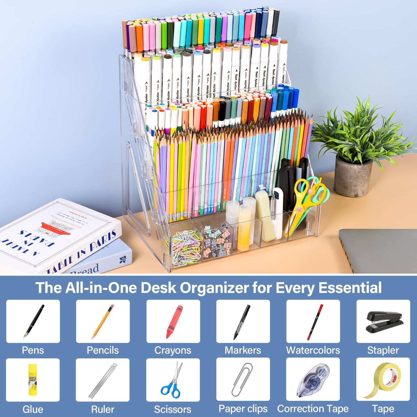 CELSOL Acrylic Marker Organizer – 4 Tier 20 Compartments for Pens, Markers, Art Supplies & Office Essentials – Clear Vertical Desk Storage for Home, Office & School