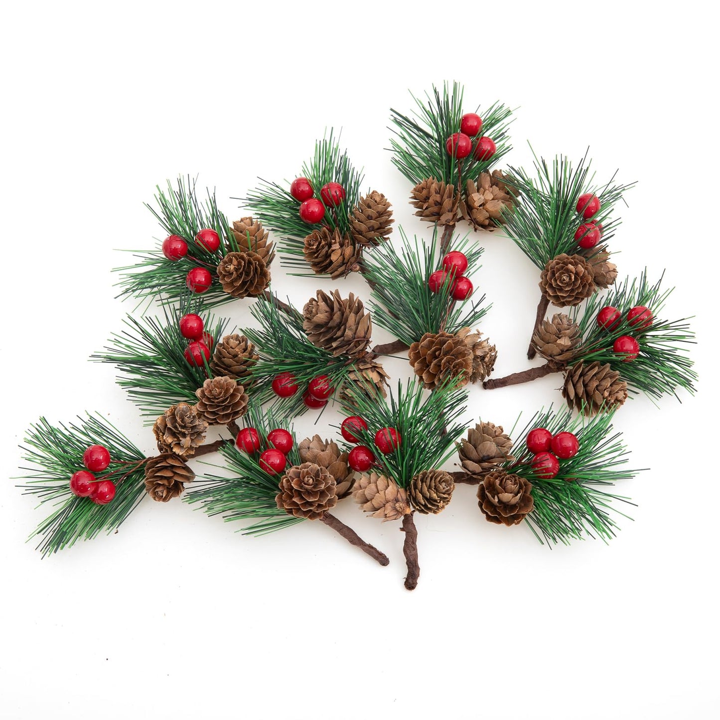 12pcs Christmas Floral Picks, Artificial Pine Pick Christmas Pinecone Berry Pick Stems Pine Tree Needles Branches Decoration for Xmas Tree DIY Craft Flower Arrangements Wreaths Party Supply
