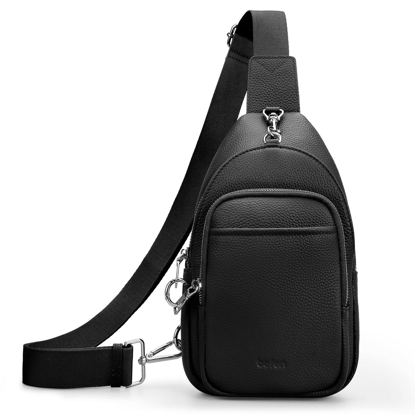 befen Black Genuine Leather Small Sling Bag for Women Anti-Theft Crossbody Chest Bags Multi-Pockets Fanny Pack with RFID Card Slots for Travel