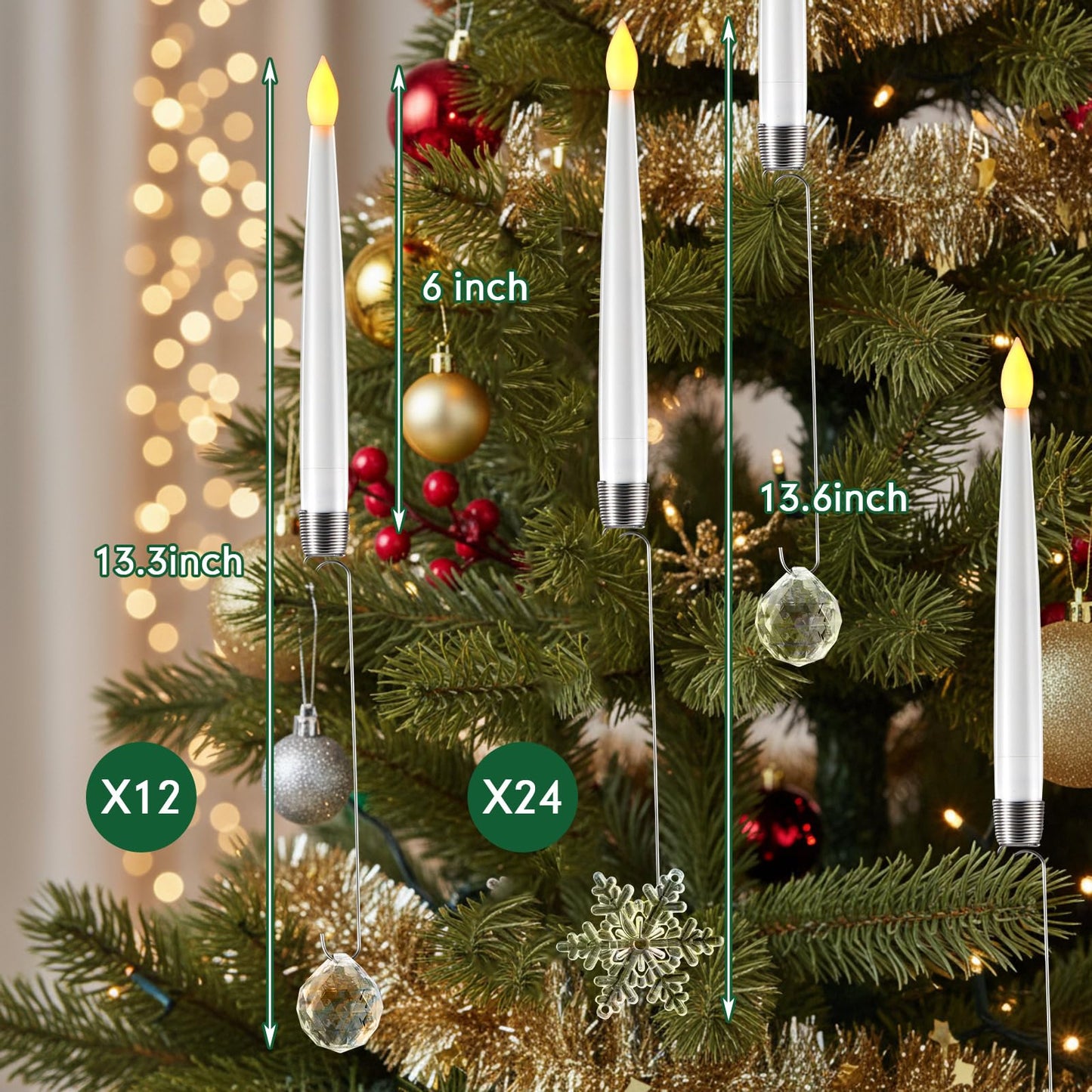 Jetec Christmas Tree Candles with Remote, 36 Pack Battery Operated Christmas Candles, Flickering Flameless Candle for Home, Party Decorations with 12 Crystal Ball 24 Crystal Snowflake Hook