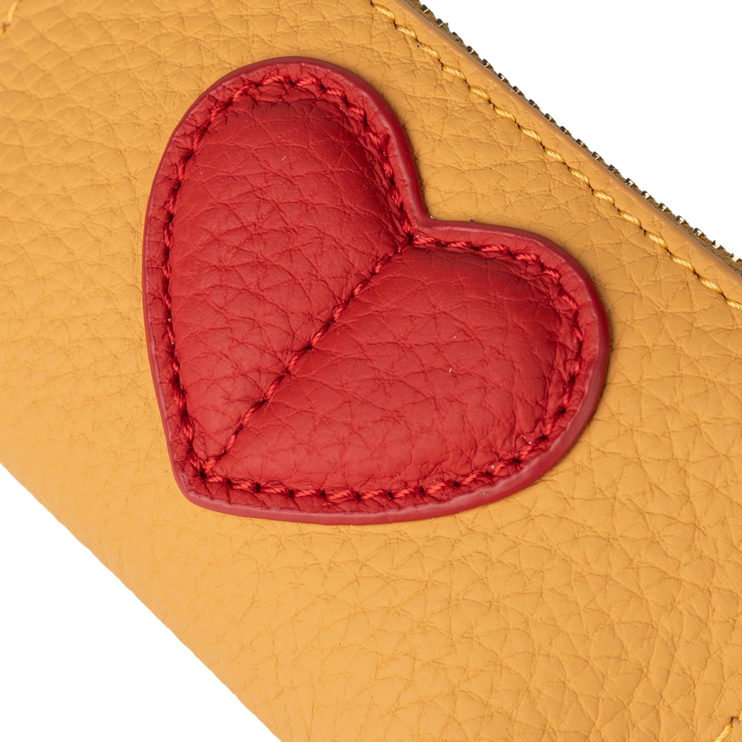 Doris&Jacky Cowhide Leather Coin Purse, Mini Zipper Card Holder With Cute Red Heart Design and Key Chain (Yellow)