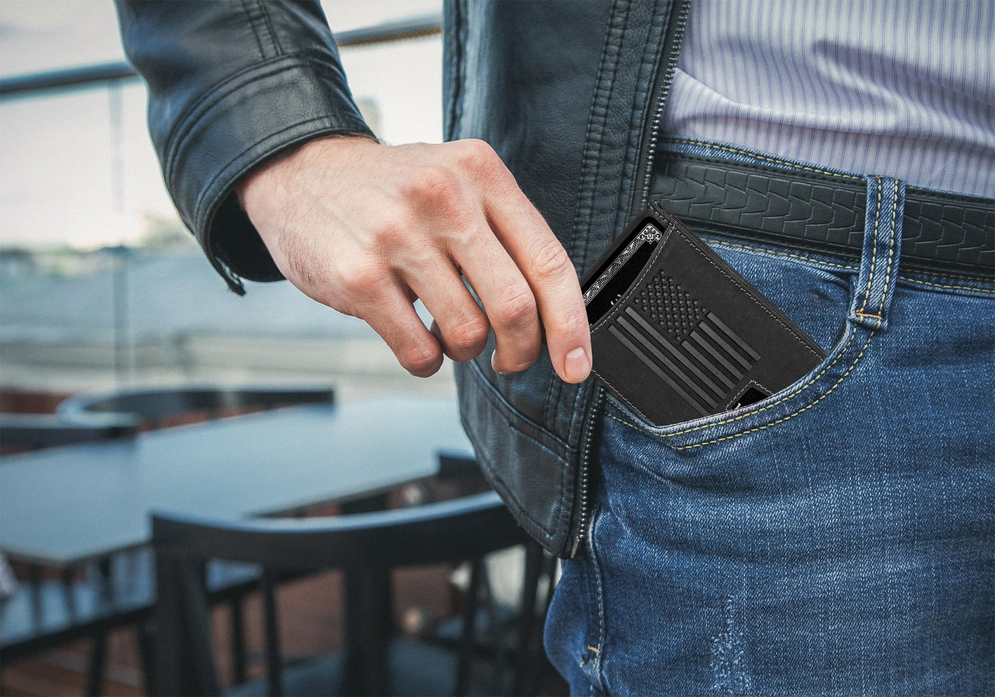 Military Veteran Products - Black Crazy Horse Leather Bi-Fold Card Holder with Money Clip Black American Flag Wallet
