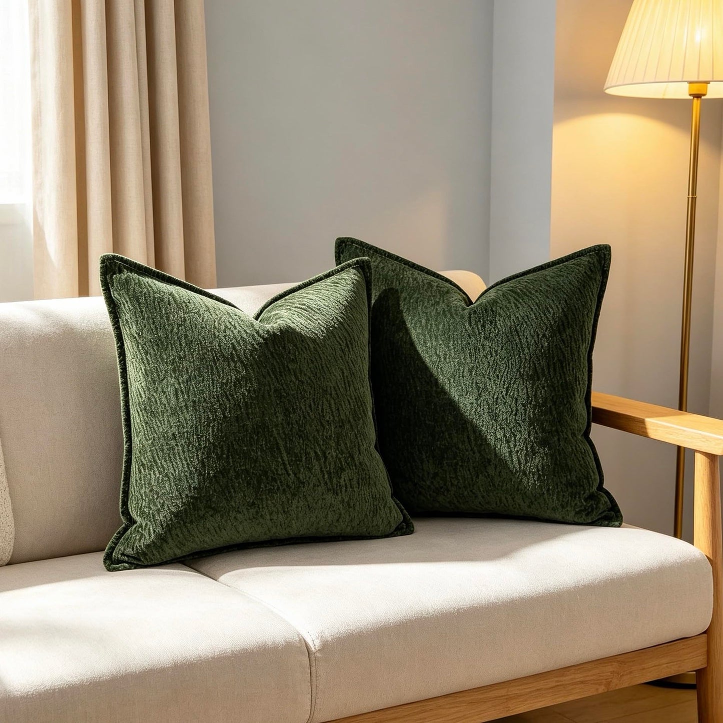 OYIMUA Chenille Throw Pillow Covers 20x20 Christmas Green Set of 2,Neutral Textured Square Decorative Pillow Covers Accent for Couch Sofa Bedroom Living Room