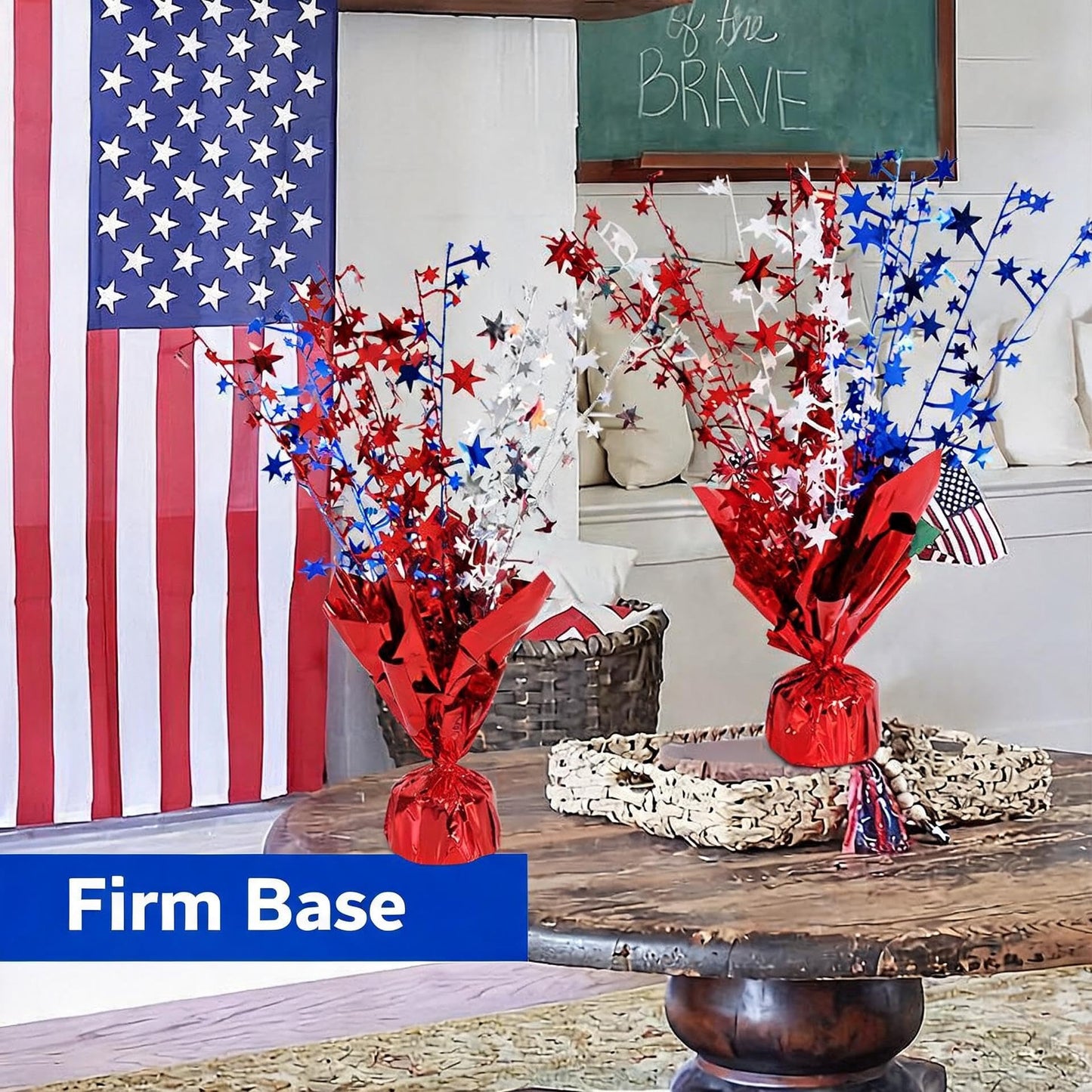 6 Pack 4th of July Table Centerpiece Decoration, Metallic Foil Spray Star Burst Patriotic Decor for 250th Anniversary Independence Day, Holiday Memorial Day Party Supplies Decor (Silver&Blue&Red)