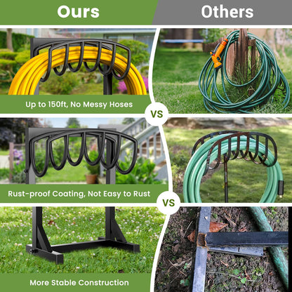Pattiumo Garden Hose Holder with 4 Spikes, Water Hose Holders for Outside, 150ft Garden Hose Storage Heavy Duty Hose Hanger Metal Hose Stand Detachable Hose Reel Rack Organizer
