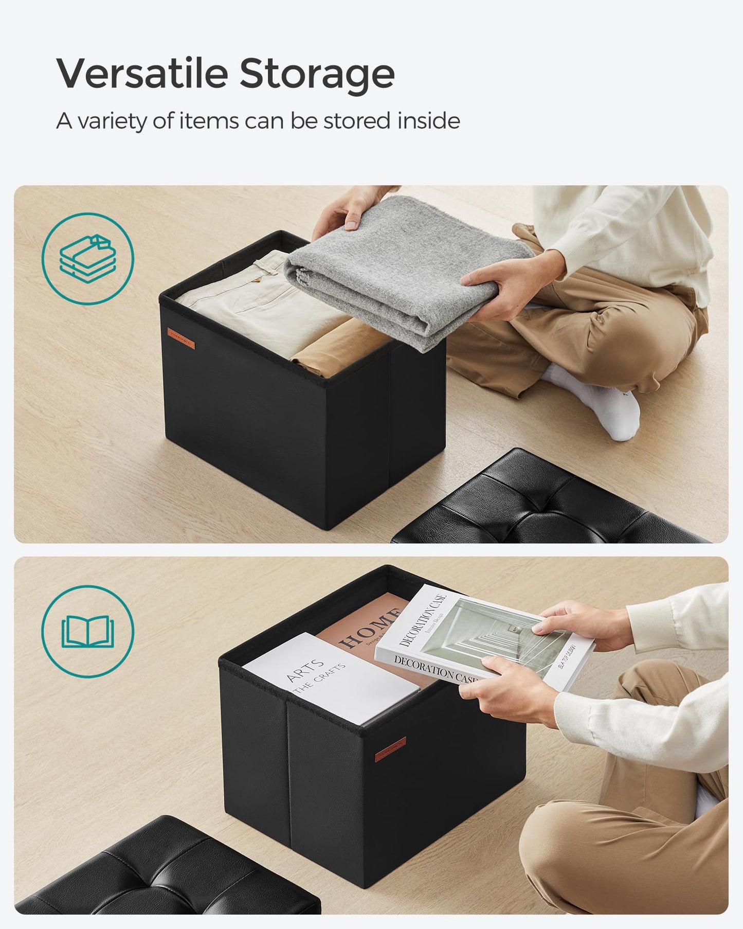 SONGMICS Small Folding Storage Ottoman, Foot Rest Stool, Cube Footrest, Synthetic Leather, 12.2 x 16.1 x 12.2 Inches, 286 lb Capacity, for Living Room, Bedroom, Dorm, Ink Black ULSF100B01