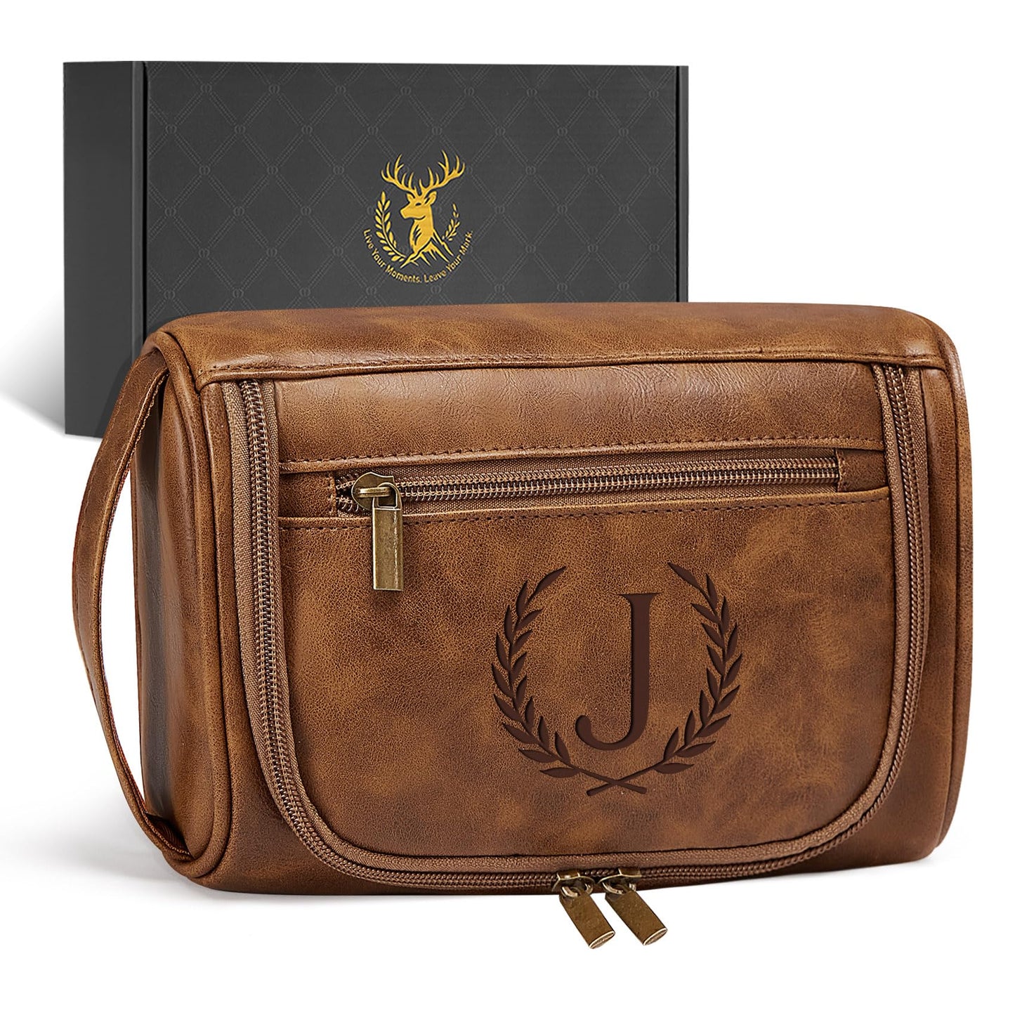 Aganmi Personalized Toiletry Bag Fathers Day Birthday Gifts for Men Dad Husband, Laser-Engraved Initial Waterproof PU Leather Toiletry Organizer Dopp Kit Shaving Bag Travel Essential Light Brown J