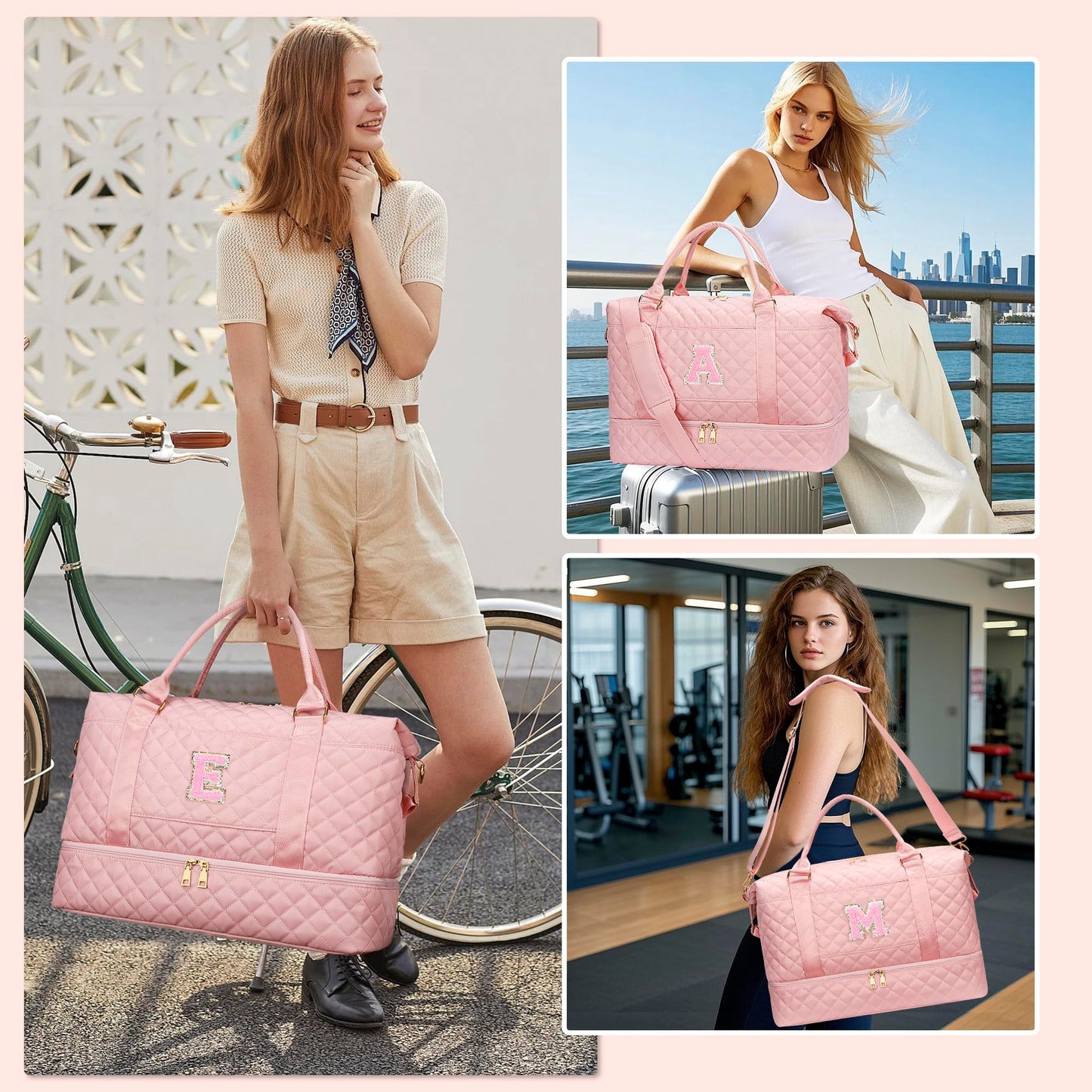 Gifts for Women Teen Girls Birthday Initial Travel Duffle Bag Quilted Weekender Bags Carry-On Overnight with Cosmetic Bag, Gym Bag with Shoe Compartment, Pink-R