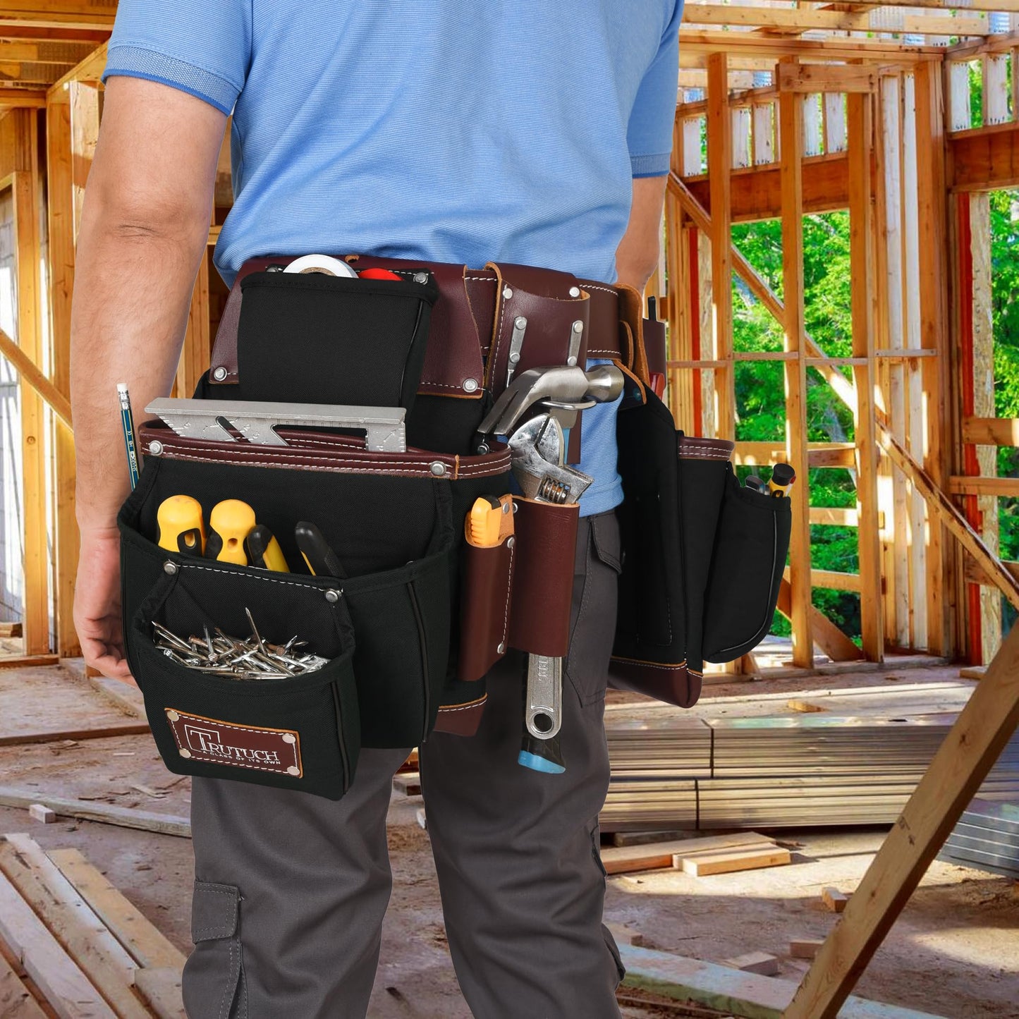 TRUTUCH Nylon and Leather Tool Belt | Framing Tool Bags | Nylon Tool Pouch | Carpenter Tool Belts | Construction | Framers | Electrician Tool Belt (Black)