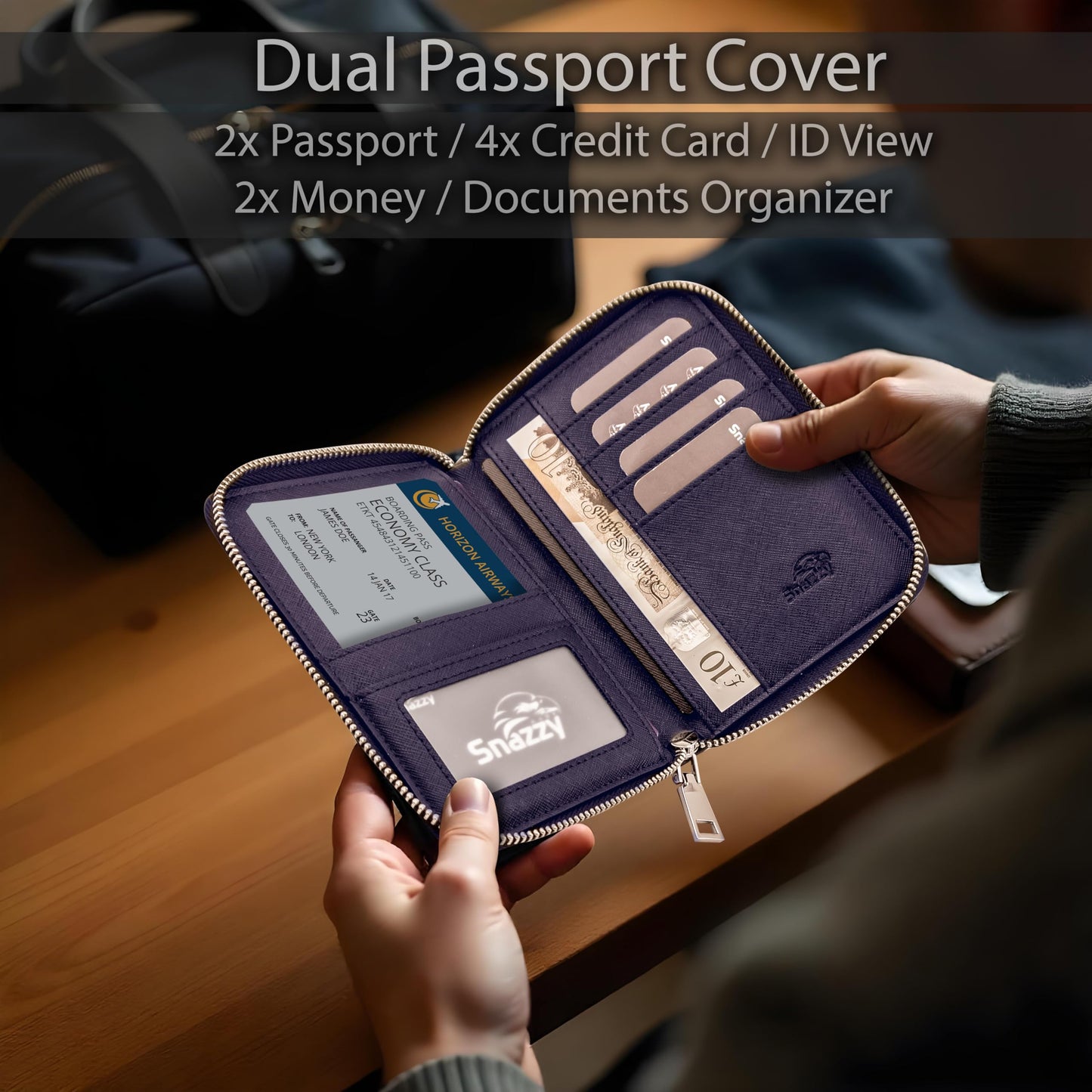 Snazzy Hawk RFID Travel Wallet Passport Holder w/Zipper - Organizer Bag for Travel Documents – Safety Essentials Cover for Men Women