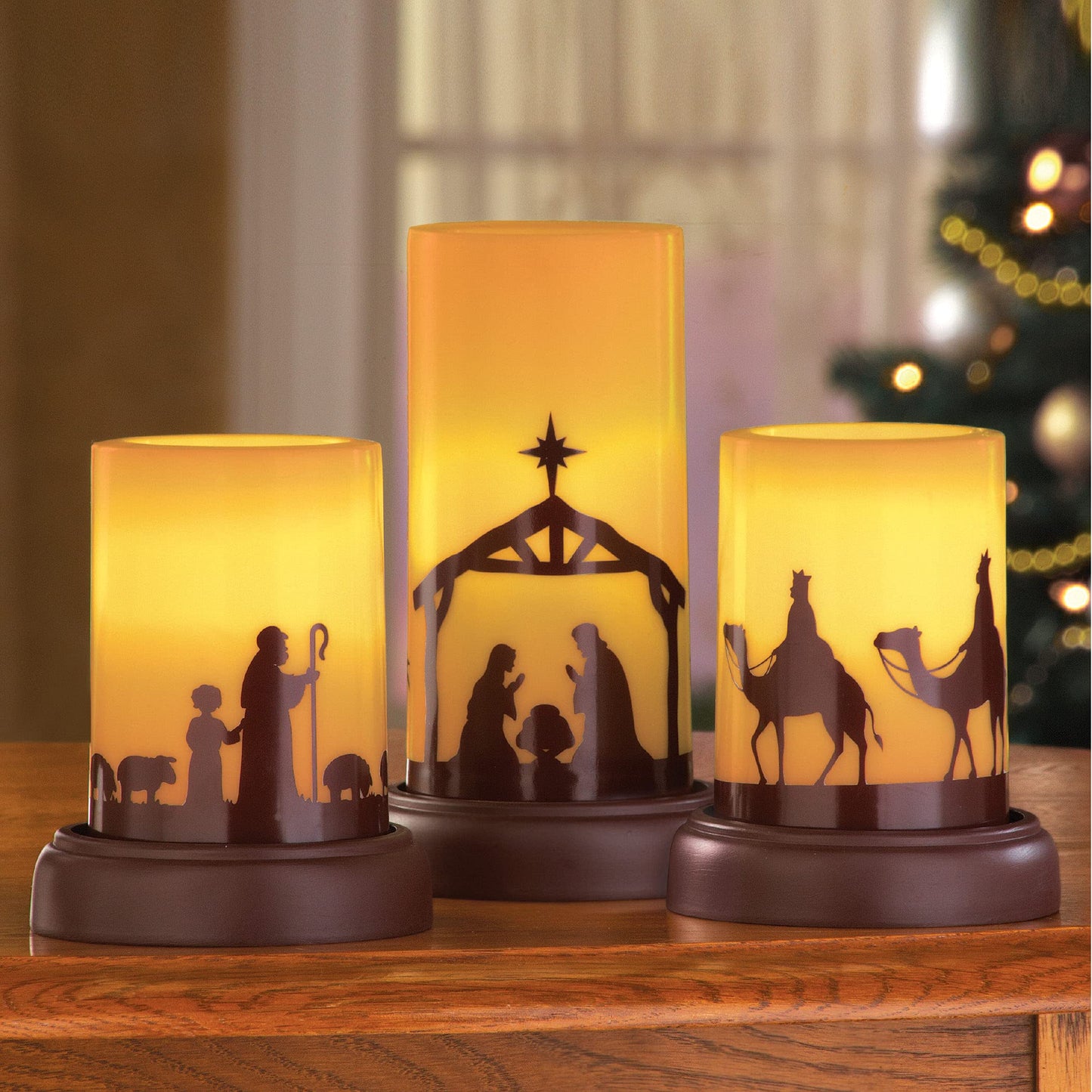 Collections Etc LED Flameless Christmas Nativity Scene Candles, Holiday Home Decor Accents - Set of 3