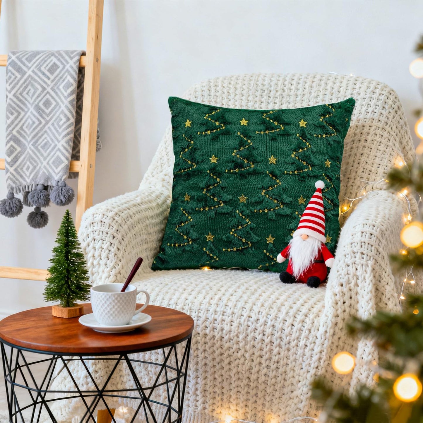 YIOTJUNL Christmas Pillow Covers 18x18 Set of 2 Soft Plush Embroidered Cushion Covers Decorative Gold Star Beige Christmas Tree Throw Pillow Cases Decorations for Winter Holiday Sofa Home Decor