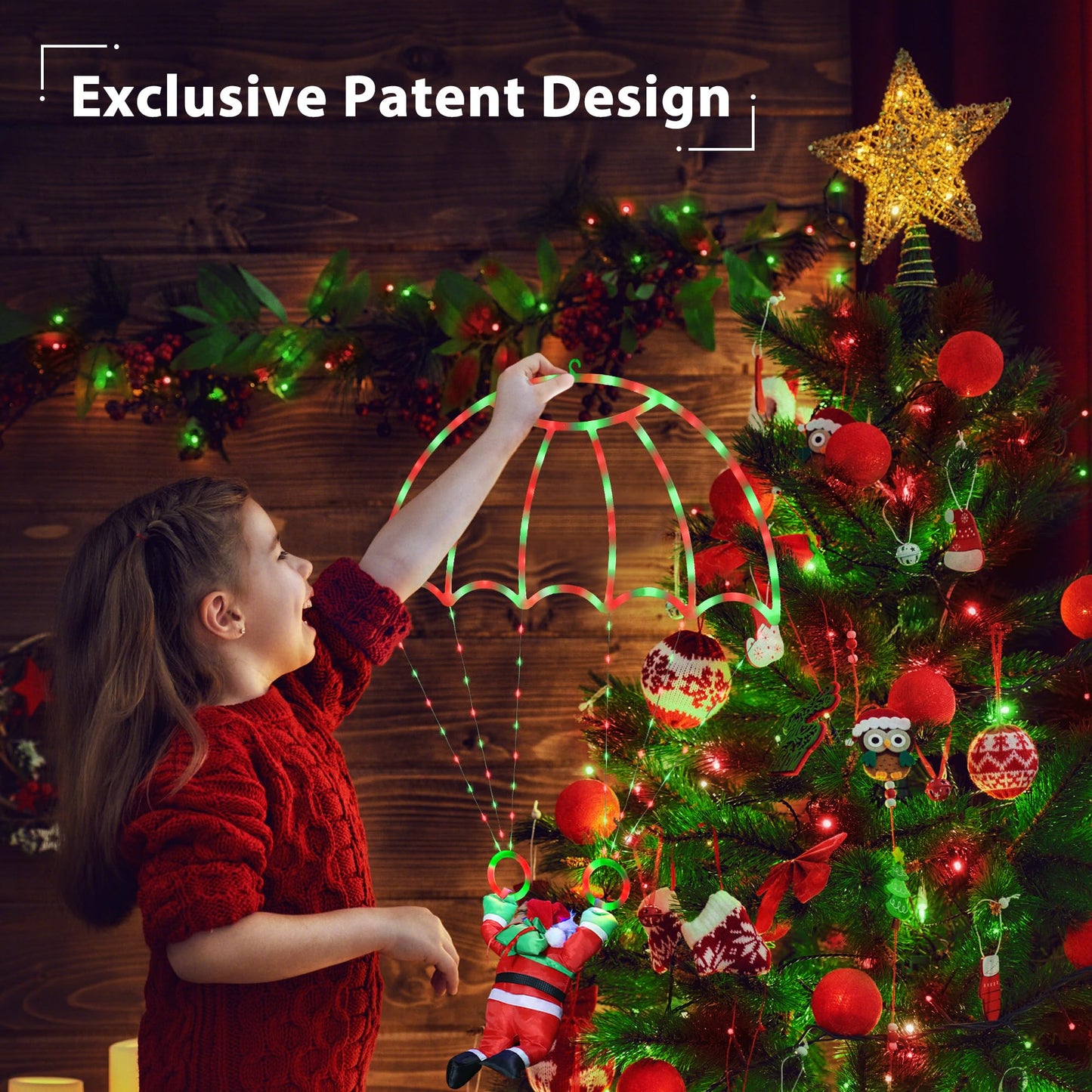 Toodour Christmas Decorations Lights Outdoor, 2.8FT Christmas Parachute Lights with Santa Claus, Waterproof 8 Modes Hanging Red & Green Xmas Light - Holiday Decorative Light for Indoor Eave Roof