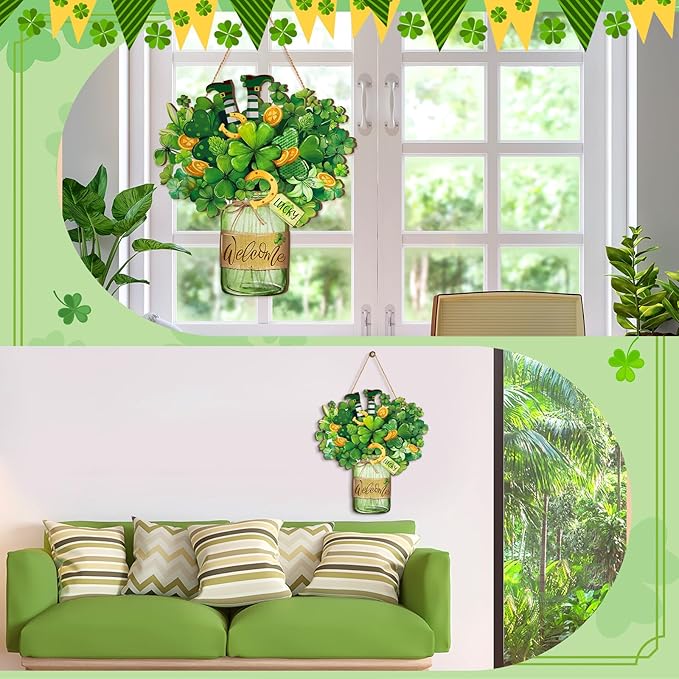 Boao Welcome St. Patrick's Day Door Hanger Shamrock Wooden Hanging Sign Lucky Irish Wood Wreath Decor for Happy St. Patrick's Day Party Front Door Wall Home Decorations