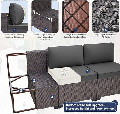Kurapika 11 Pieces Patio Furniture Set, Rattan Wicker Outdoor Conversation Sets w/43in Propane Fire Pit Table, Swivel Rocking Chairs Patio Sectional Sofa w/4 Inch Cushion, Grey