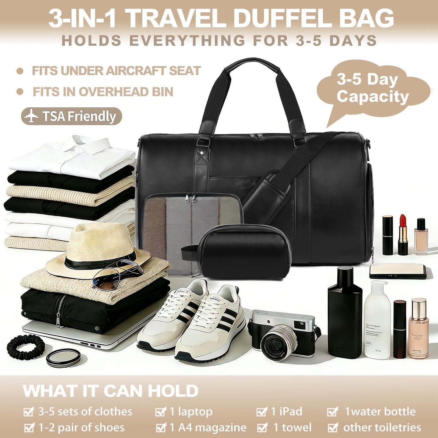 Large 3-in-1 Leather Duffle Bag for Travel Weekender Overnight Hospital Gym Bag for Men & Women, Carry On Airline Approved Personal Item Duffel Garment Bag Luggage with Shoe Compartment & Toiletry Bag