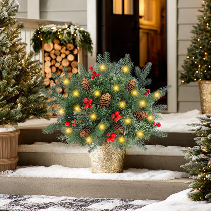 Lighted Artificial Christmas Urn Filler, 2 Pack Small Xmas Pine Tree Outdoor Decorations with Cones, Red Berries & 50 LED Lights, Light Up Planter Filler Decor for Porch Yard, Garden, Cemetery
