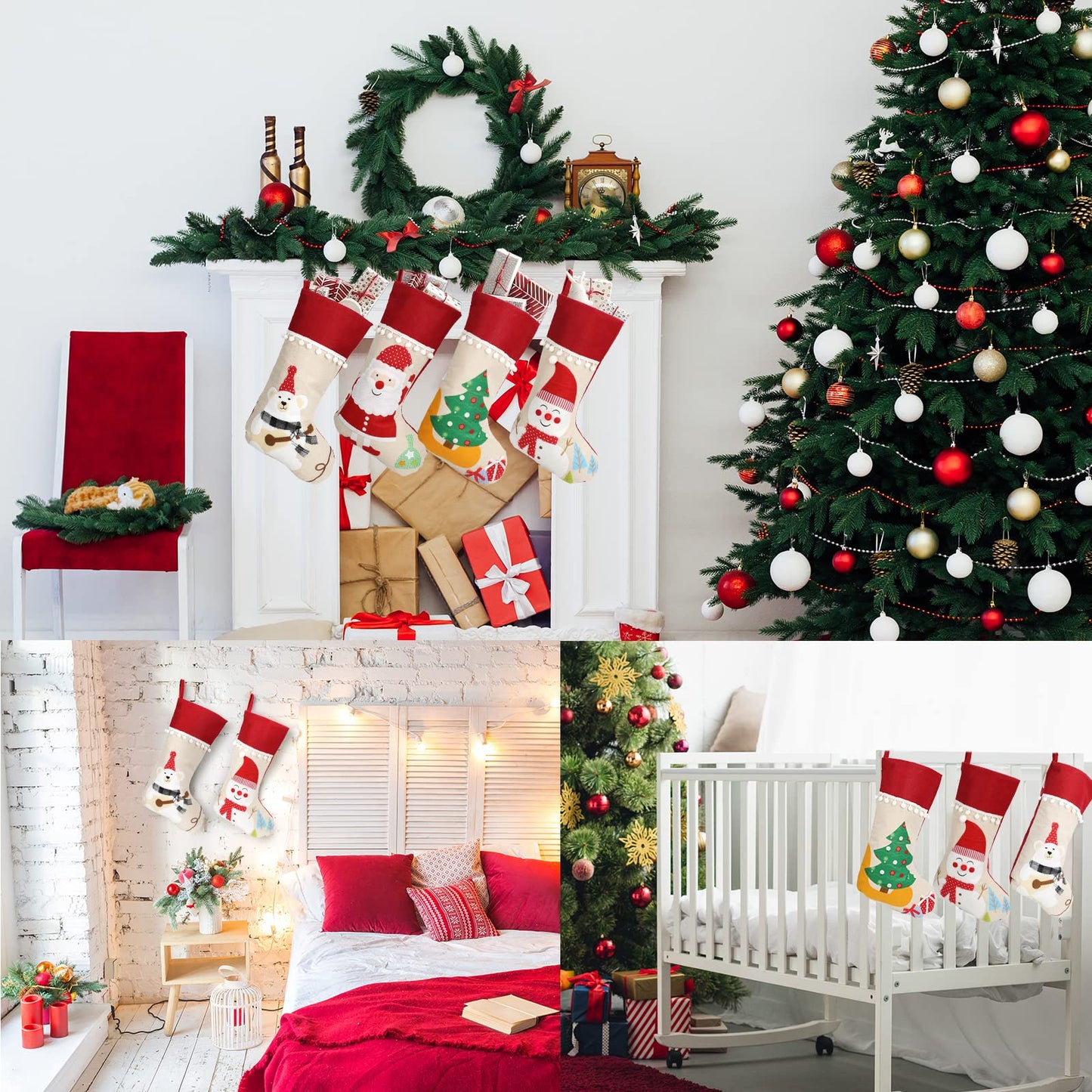 AUTGA Christmas Stockings 4 Pack, 18'' Large Xmas Stockings with Santa Snowman Gnomes Pattern, Christmas Stockings for Family Stairs Fireplace Tree Hanging Home Decorations Party Season Decor